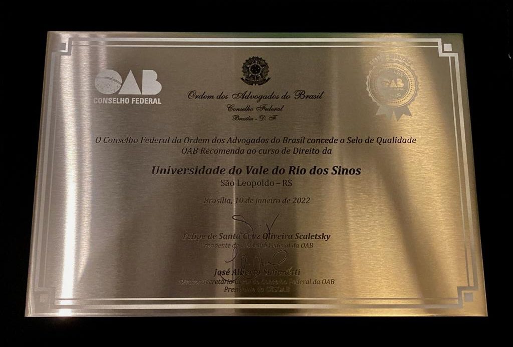 Curso de Direito da Unisinos é o único da região do Vale do Sinos recomendado pela OAB, reconhecimento foi entregue em Brasília